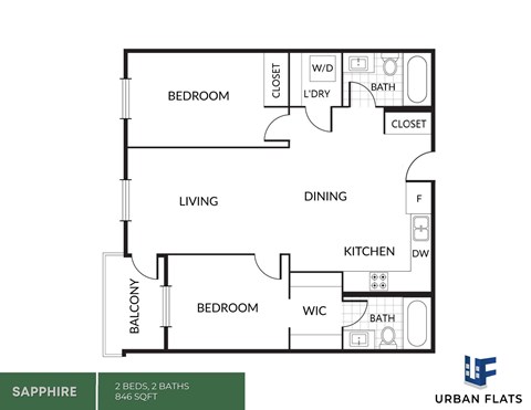Floor plan for 2 beds, 2 baths, 846 sqft